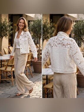 Floral Embroidered Twill Jean Jacket White Size Small NWT MSRP $164
